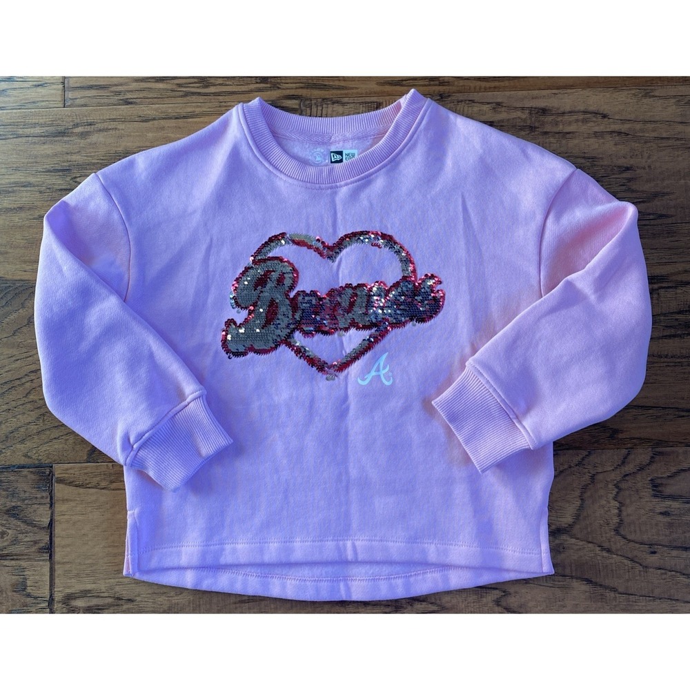 NWT Girls New Era Atlanta Braves‎ Sequin Heart Sweatshirt -Youth 6 - Pink